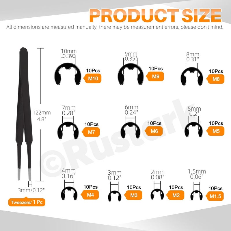 Rustark 312Pcs 4 in 1 Snap Ring Pliers with M1.5-M10 Black E-Clip Circlip Retaining Rings Assortment Kit and M4-M28 C-Clip External Snap Rings Assortment Kit with Tweezers - Image 2